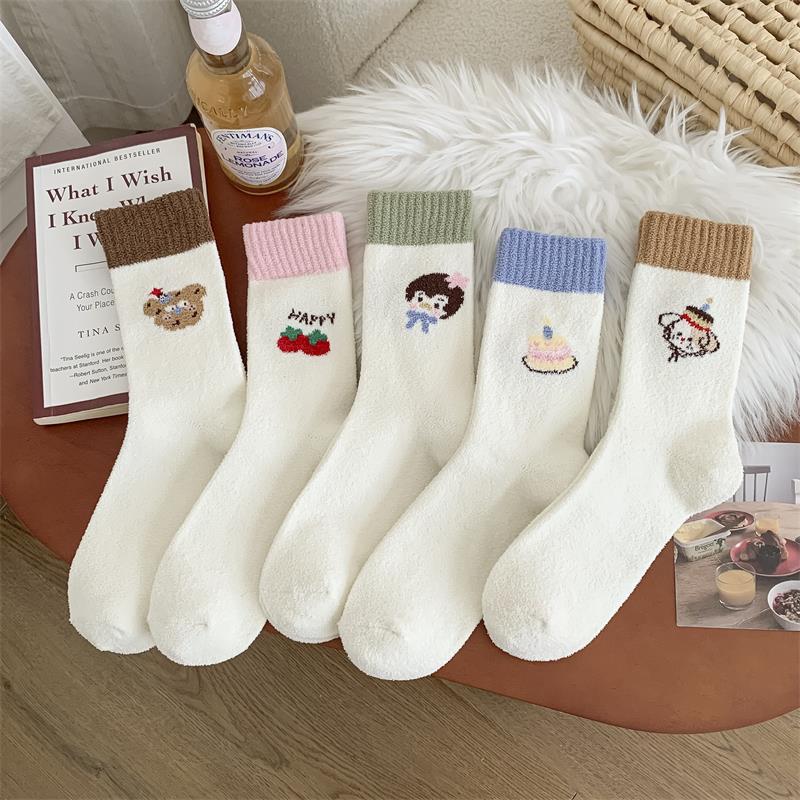 2 Pairs of Autumn and Winter Color-blocking Mid-calf Socks for Women, Thickened Warm Cartoon Cute Cotton Socks, Versatile Pile Socks