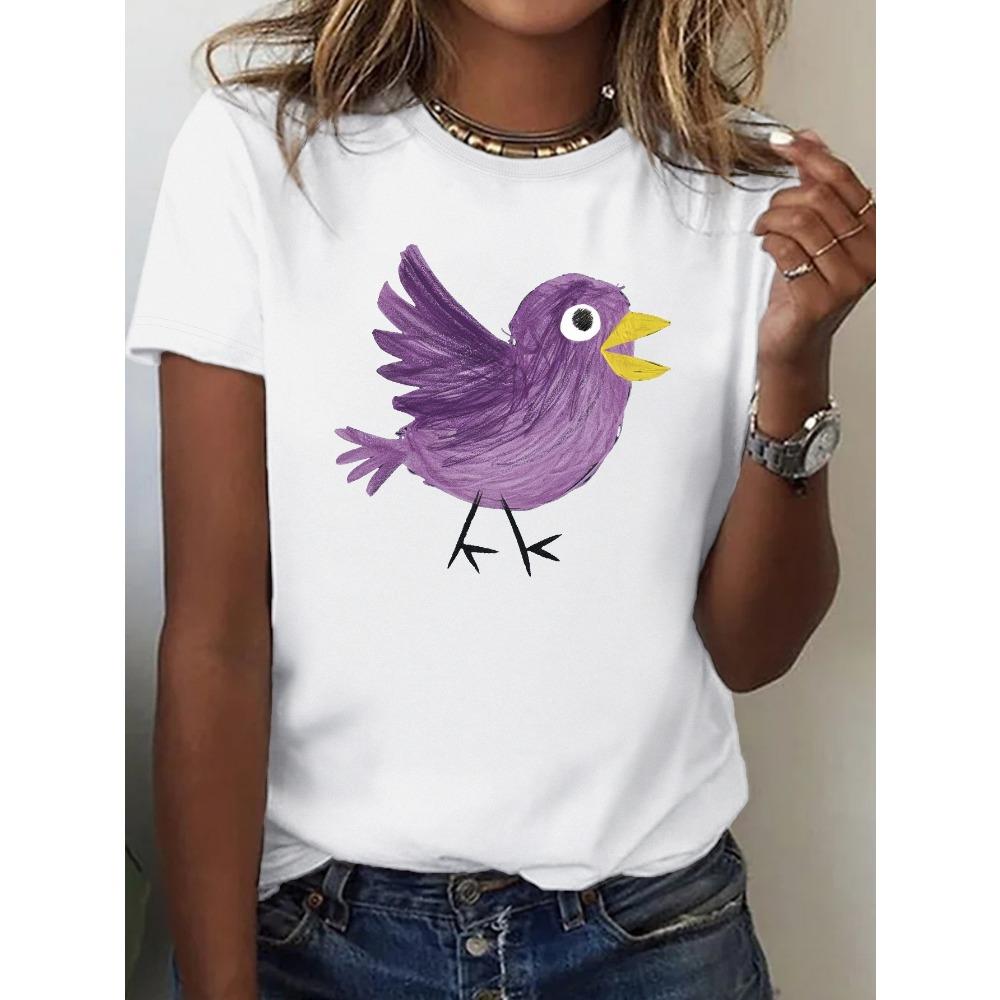 Women's T-shirt with Silly and Cute Bird Pattern Print Summer Short Sleeved Round Neck Top T-shirt Women's Clothing