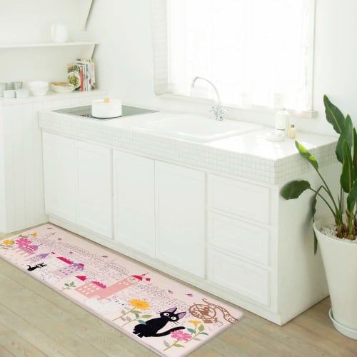 Senko Kiki's Delivery Service Flower Town Wipeable PVC Kitchen Mat, Approx. 45 X 120cm, Pink, Character Jiji, Cat, Ghibli Design, 60607