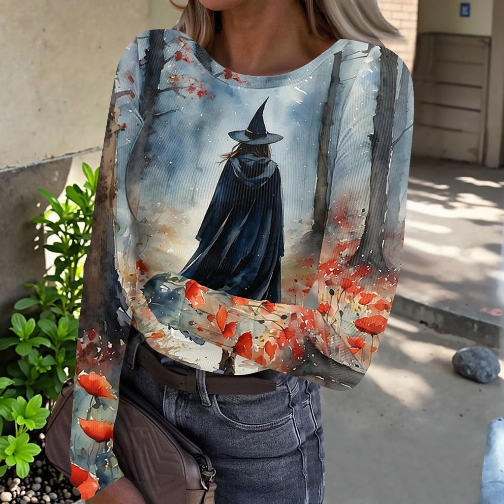 Women's Halloween Printed Round Neck Slim Fit Long Sleeve -Shirt