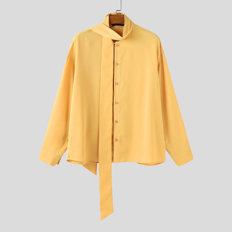

INCERUN Oversized Men Tie Up Long Sleeve Solid Color Casual Loose Shirts 5XL жовтий