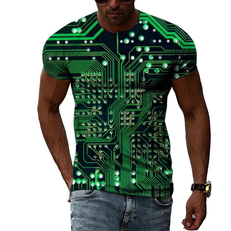 Summer Round Neck 3D Circuit Board Print T-shirts Fashionable Casual Short Sleeved Men's T-shirts