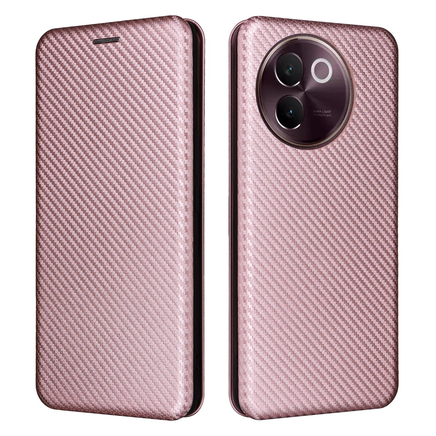 

For vivo V30e 5G Case Card Slots Stand Carbon Fiber Texture Leather Cover Rose Gold