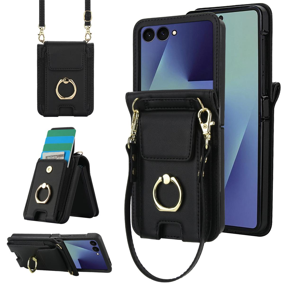 

Lanyard Wallet Ring Holder Bracelet Cards Slot Crossbody Leather Phone Case for Samsung Galaxy Z Flip 7 6 5 4 3 Flip7 FE Cover Galaxy Z Flip6 чорний