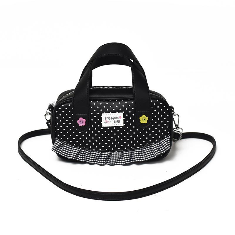 Mini- Bowlingtasche mit Pünktchenmuster und Vichy-Rüschenbesatz Niedliche Blumenverzierung Vielseitiger oberer Griff und Umhängetasche Süße Tasche für Pendler