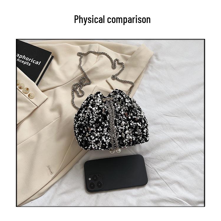 Chic Sequin Korean-Style Bucket Bag: Trendy Pleated Single Shoulder & Crossbody Evening Bag for Women 2026