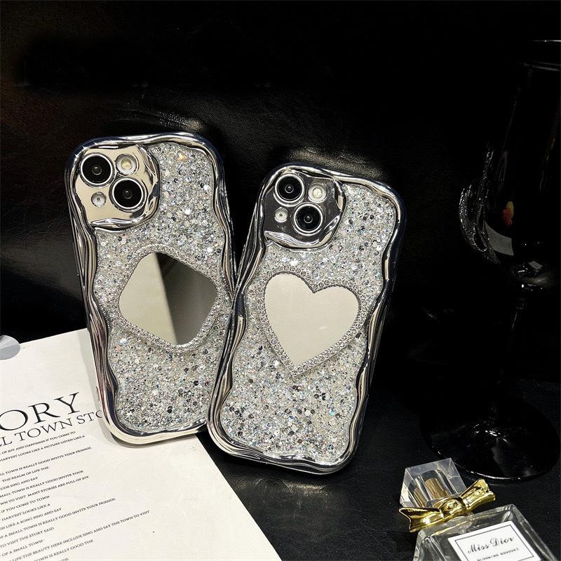 For Apple 17Promax Electroplated Silver Phone Case for IPhone16 Love Mirror Sequins High-end Ins