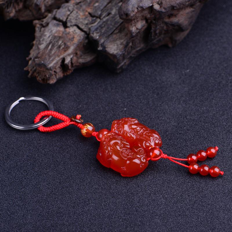 Natural Red Agate Pixiu Couple Keychain - Double Pixiu Design for Car Keys