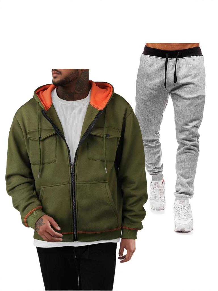 Men's 220g Pullover Hoodie Sweatshirt with Double Pockets and Zip-Up Cardigan Sports Casual Set