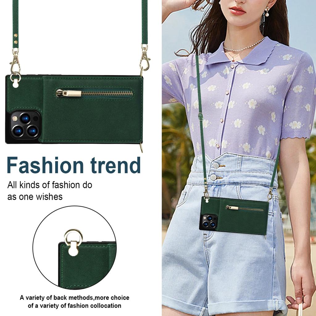 Crossbody Wallet for IPhone 13 12 Mini 16 Plus 14 15 11 X XR XS Pro Max Case with Card Holder Lanyard Strap Leather