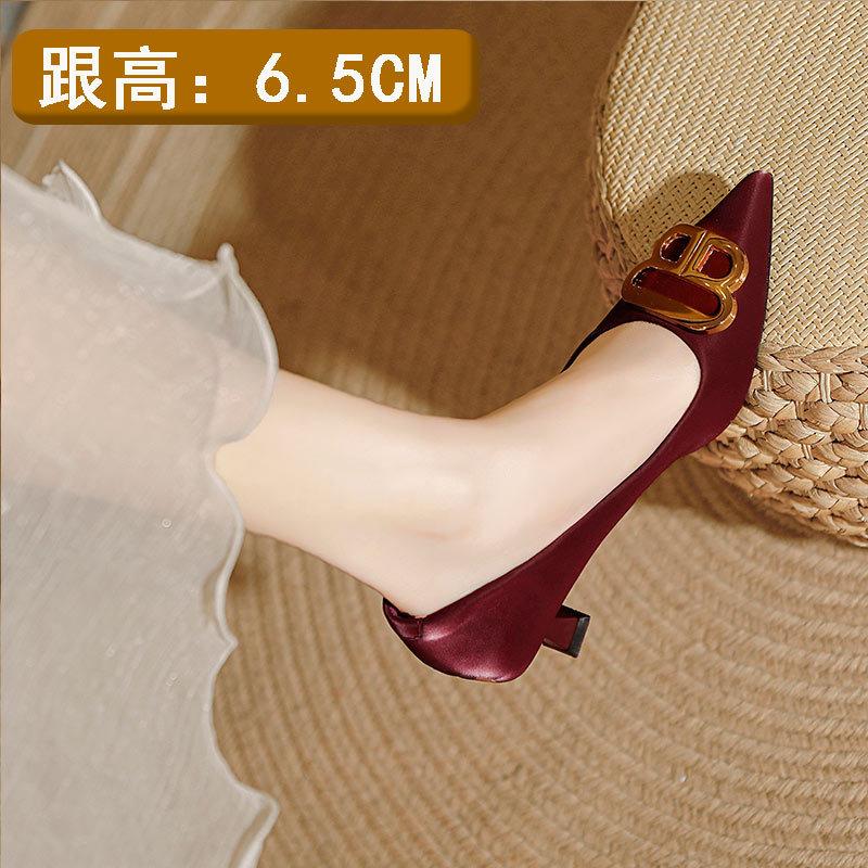 High Heels Women's Thin Heels Sexy 2025 New Spring and Autumn French Small Heels Red Wedding Shoes Middle Heel Pointed Single Shoes