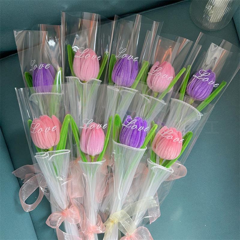 Knitting Flower Rose Tulips Single Bouquet Simulation Flower Home Decoration Wedding Hand-Knitted Crochet Fake Floral