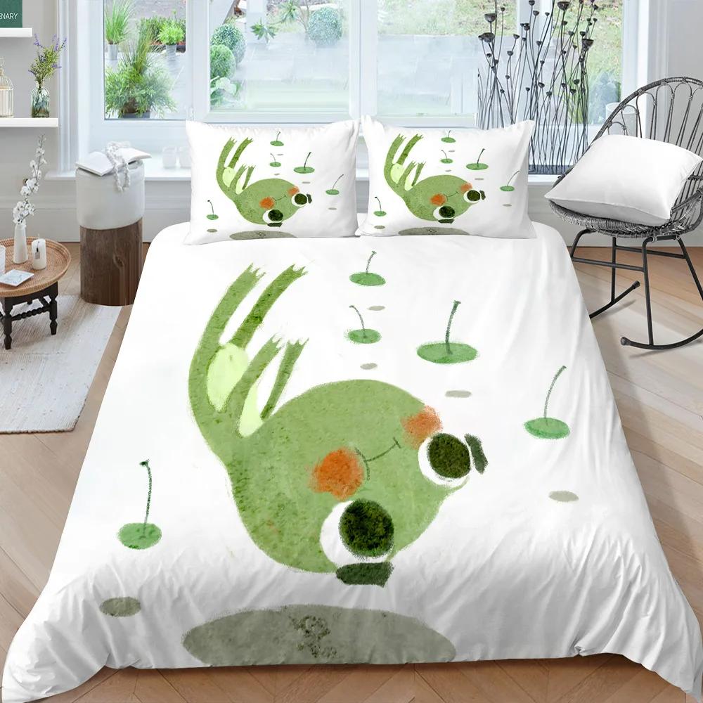 Cartoon Frog Duvet Cover Set King/Queen Size Reptile Animal Theme Bedding Set Cute Green Frog Polyester Comforter Cover for Kids