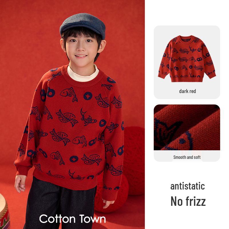 New Year Cotton Children s Red Knit Sweater for Girls - Festive Round Neck Woolen Outfit 110 темно-красного