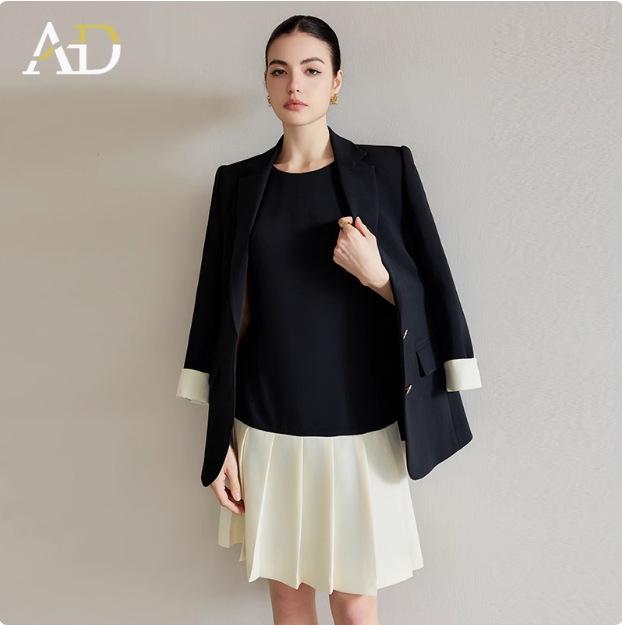 Korean Style Black & White Colorblock Pleated Dress - Women’s Fashionable Casual Spring/Summer Two-Piece Set