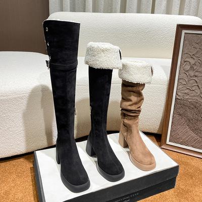 Overknee-Stiefel, lange Stiefel, Damenstiefel, Winter neue hohe Stiefel, langer Schaft, dicksohlige Lammwolle elastischer dicker Absatz Blockabsatz Stiefel