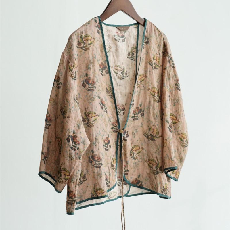 

Johnature Women Vintage Shirts Tops V-Neck Nine Sleeve Blouses Summer Chinese Style Single Button Shirts One Size