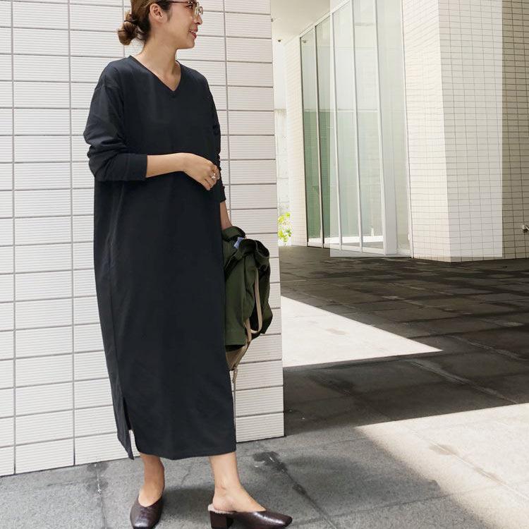 

Новое осенне-зимнее женское платье с V-образным вырезом, свободное повседневное и удобное, длинная хлопковая юбка с боковыми карманами L