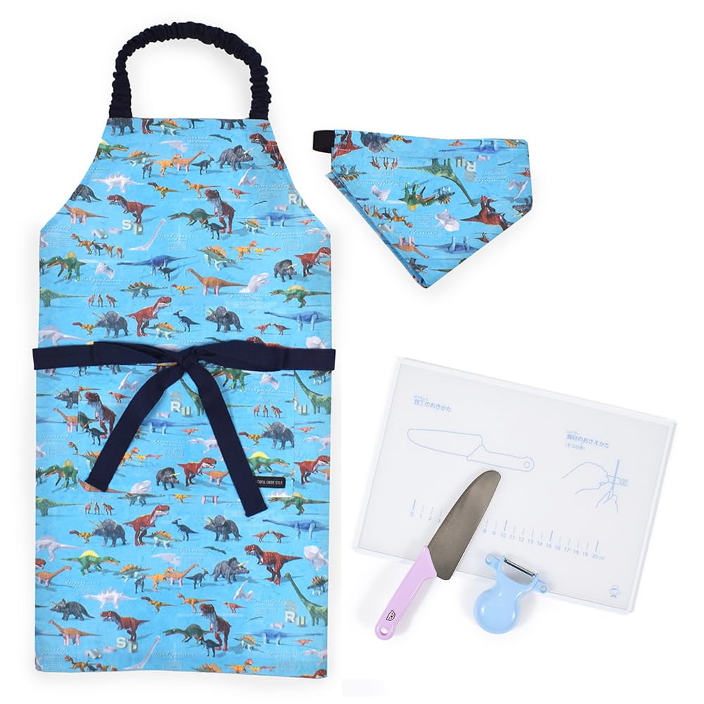 

Candy Apron Cooking Item Cutting Triangle Dinosaur World NT665560 [Colorful Style] & Set, Water-Repellent, No-Iron Apron, Knife, Peeler, Board, Scarf,