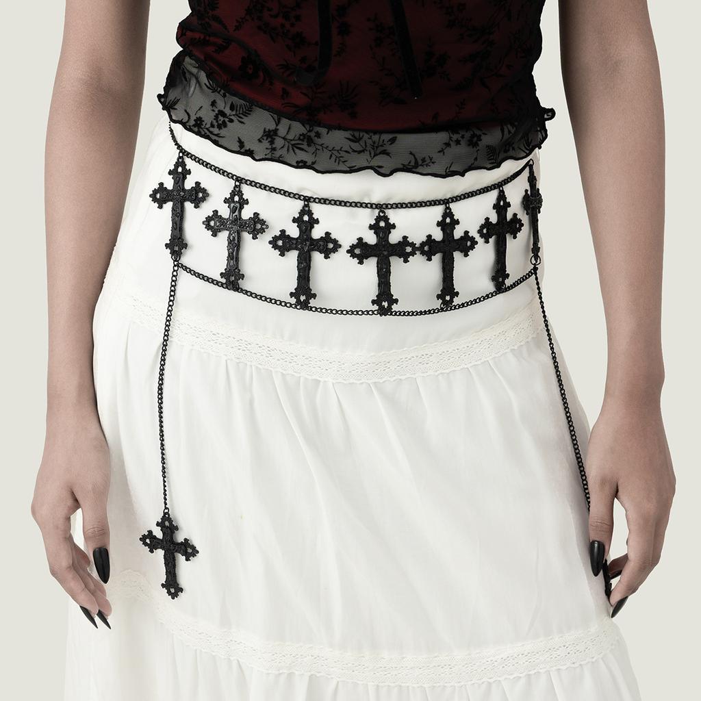 Gothic Halloween Cross Pendant Waist Chain, Punk Dark Metal Chain Body Chain