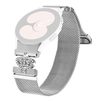 For Samsung Galaxy Watch4/5 Milanese Bands with Connector Magnetic Crown Clasp Silver Stainless Steel Strap