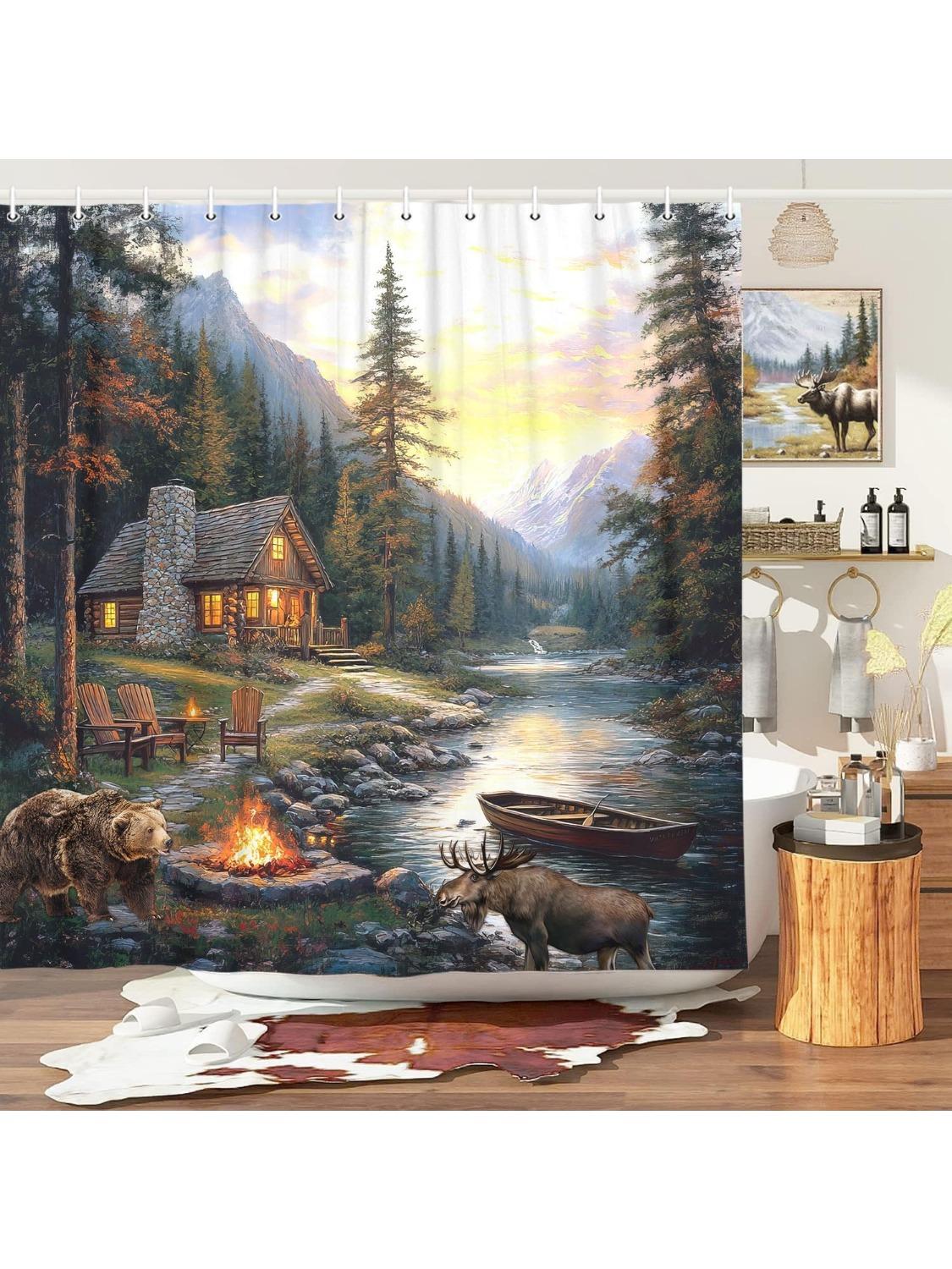 

Rustic Cabin Lodge Shower Curtain With Bear Moose, Camo River Lake Woodland Wildlife Bath Curtain Hunting Camp Country Forest W60H190(CM)-1 Pcs