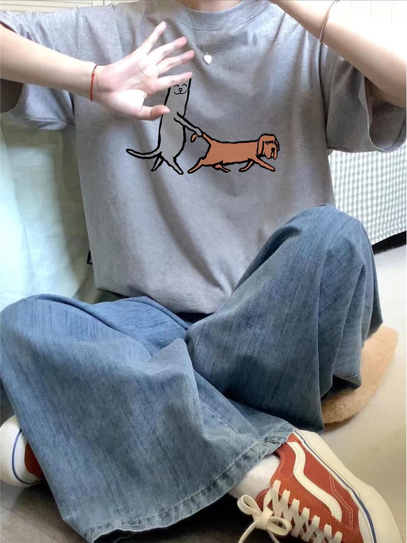 

Женская футболка с коротким рукавом большого размера - 2025 Лето, хлопок, прямой плечевой шов, свободный крой в американском стиле 6XL хизер серый