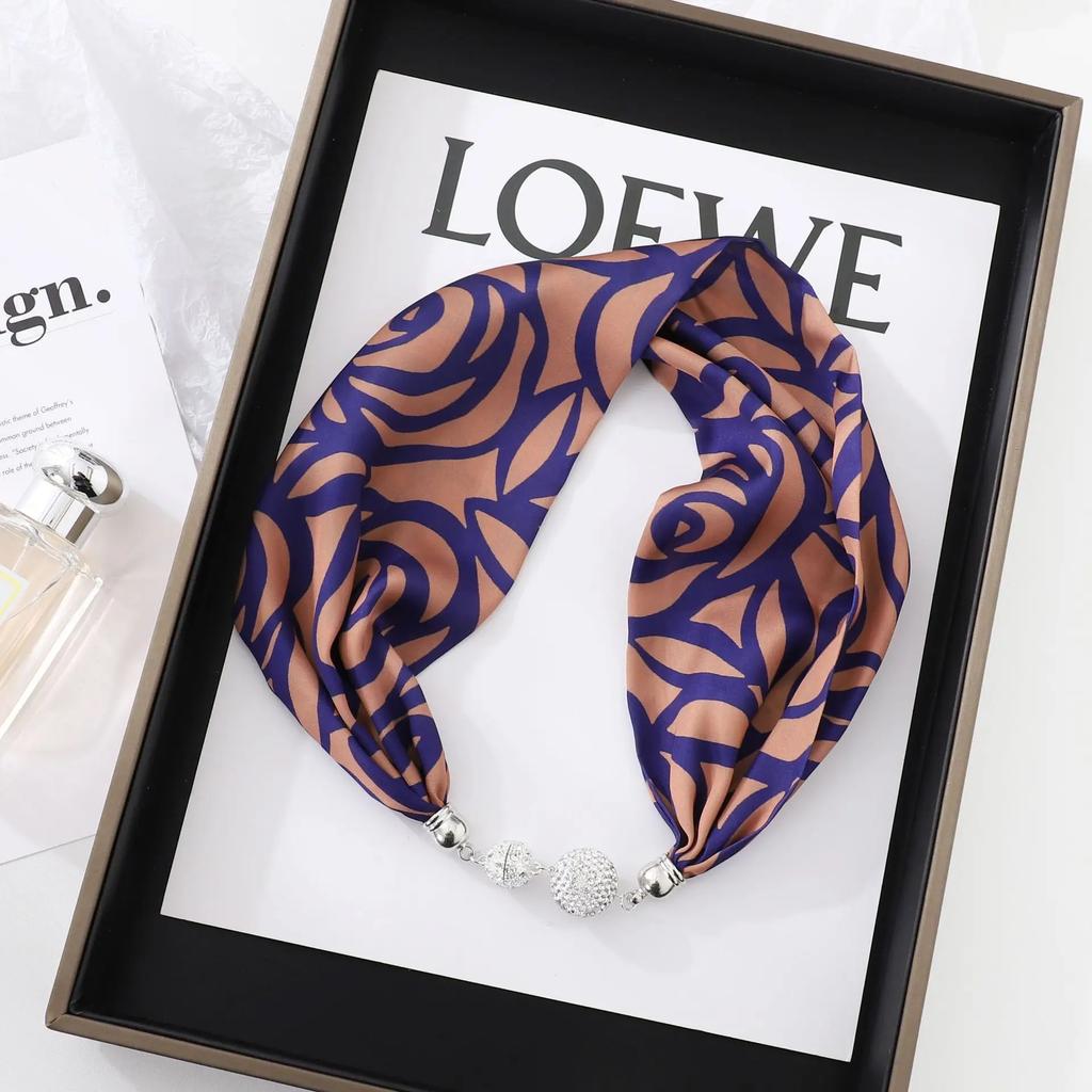 Fashion Magnet Buckle Neckerchief Solid Silk Scarf Women Skinny Headband Hand Wrist Bag Scarves Print Necklace Accessories
