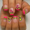 Medium Square False Nail Strips - Pink Yellow Stripes, Hearts, Cute European & American Style, Trendy Design