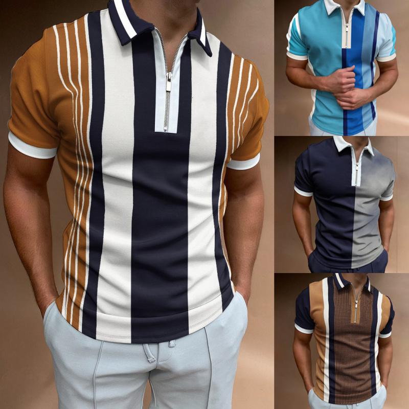 Summer Men's Casual Striped Houndstooth Digital Print T-Shirt Zipper Polo Shirt