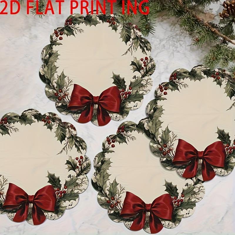Set of 6 Retro Wreath Design Round Placemats with Musical Notes And Red Bows for Christmas, Holiday Kitchen, Banquet And Party Catering Decoration