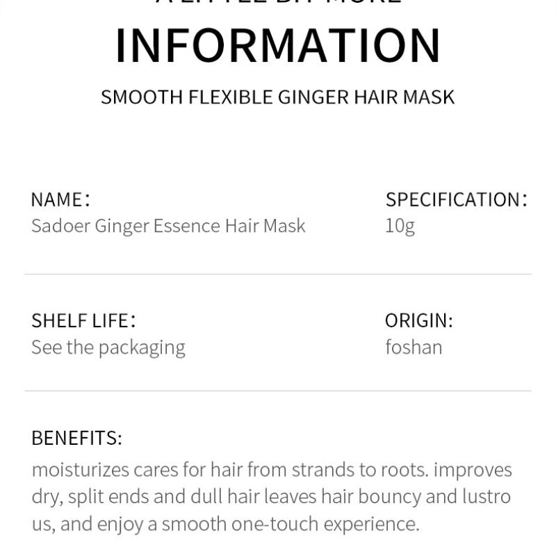 Zázvorová maska na vlasy 10g SADOER zlepšuje krepatění a uhlazuje v přenosném jednotlivém proužku