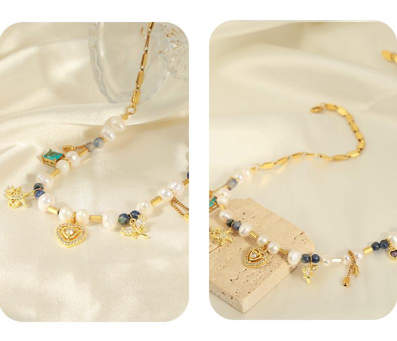 European-American Court Style Gold-Plated Titanium Necklace with Freshwater Pearls & Natural Stone Beads
