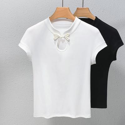Stand-up Collar Short-sleeved T-shirt for Women's Summer New Women's Solid-color Sleeved Cotton T-shirt New Chinese Style Buttoned Top