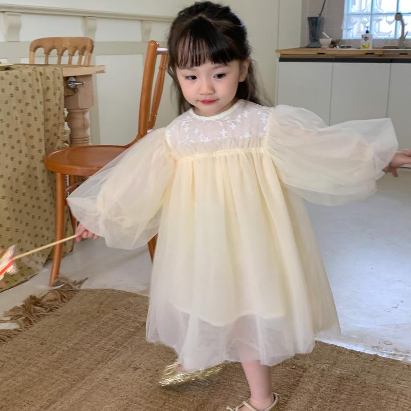 Kinder Kleidung Frühling Sommer Langarm Dünne Spitze Tüll Kleid Koreanischen Stil Mädchen Prinzessin Mode Süße Fee Mesh Kleider