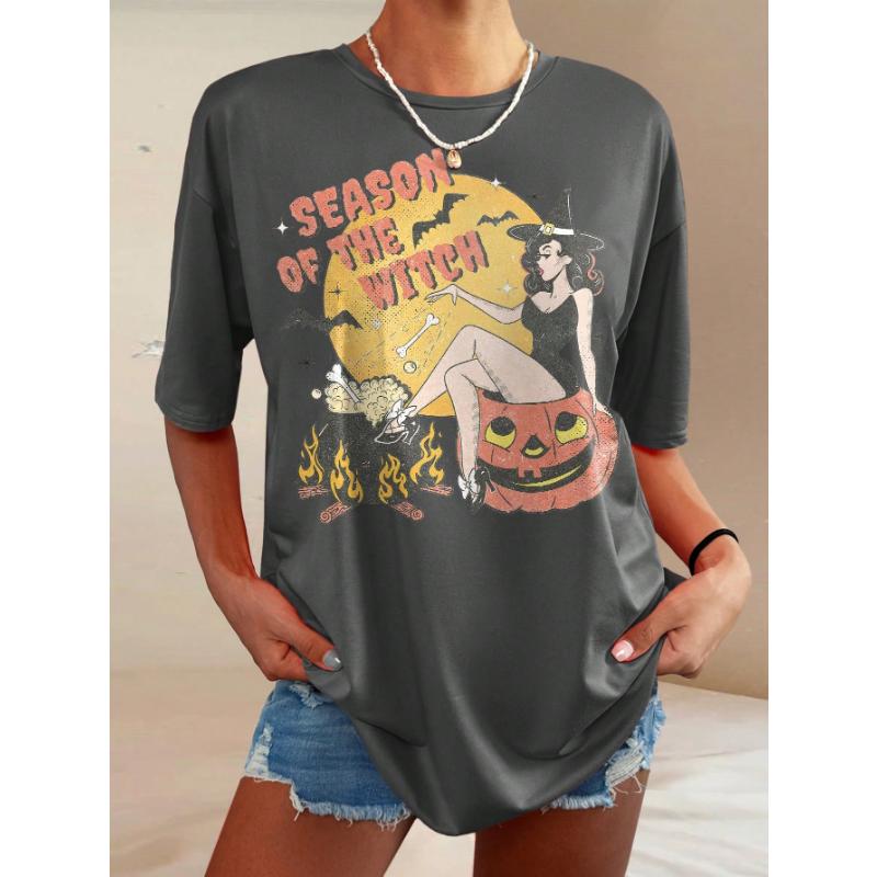 

Женская летняя свободная футболка с принтом лозунга и ведьмы, с круглым вырезом и заниженными плечами, повседневная футболка, одежда на Хэллоуин XS