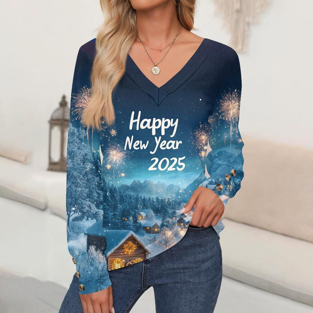 Damenmode Lässig Langarm Weihnachten Bedruckt V-Ausschnitt Pullover Top