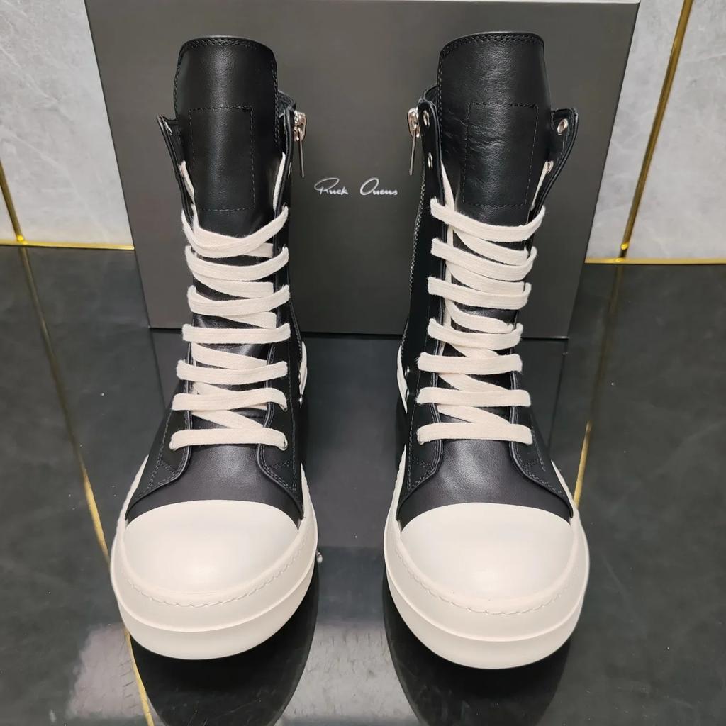 Top Quality Thick Bottom Black Cowhide Pocket High-top  with Zipper Fashion Men's Shoes Women's Shoes  Harajuku Style.