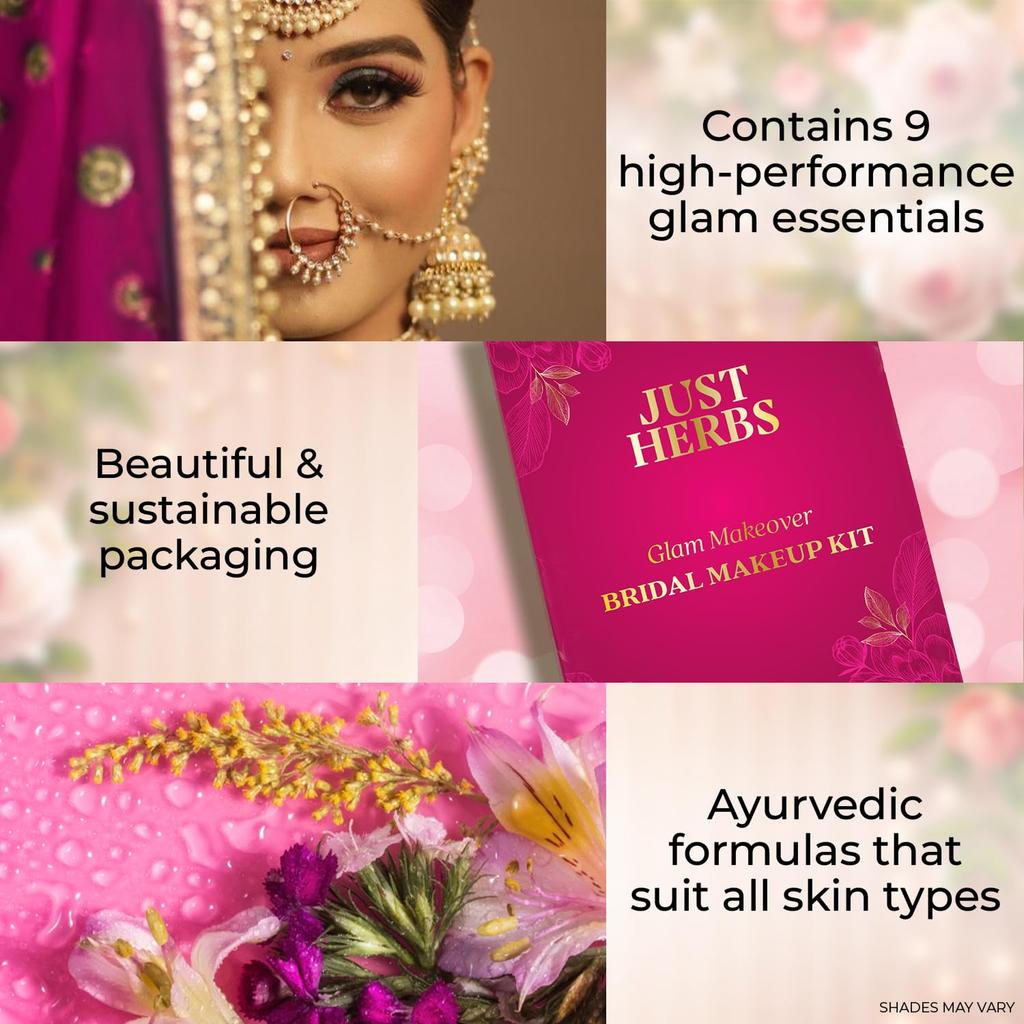 Just Herbs Wedding Kit Glam Essentials With Matte Lipstick|Lip & Cheek Tint|Strobe Cream|Kajal|Sindoor|Eyeshadow Palette|Nail Paint|Serum Foundat