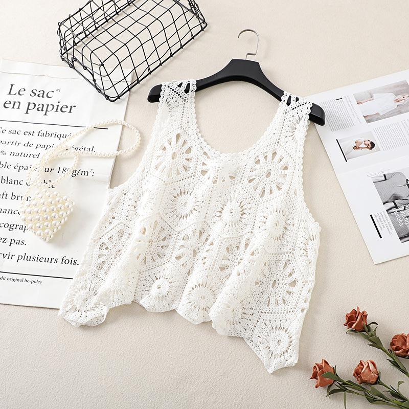 Literary and Artistic Solid Color Three-dimensional Hook-up Embroidered Lace Small Vest Large Size Women's Sleeveless Round Neck Casual Outer