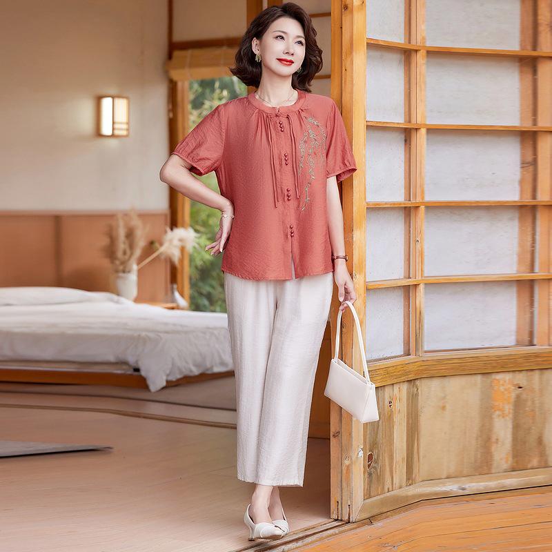 

Летний национальный стиль 2025 года, женский комплект из двух предметов с вышивкой и круглым вырезом для мамы XXXL оранжевый/красный