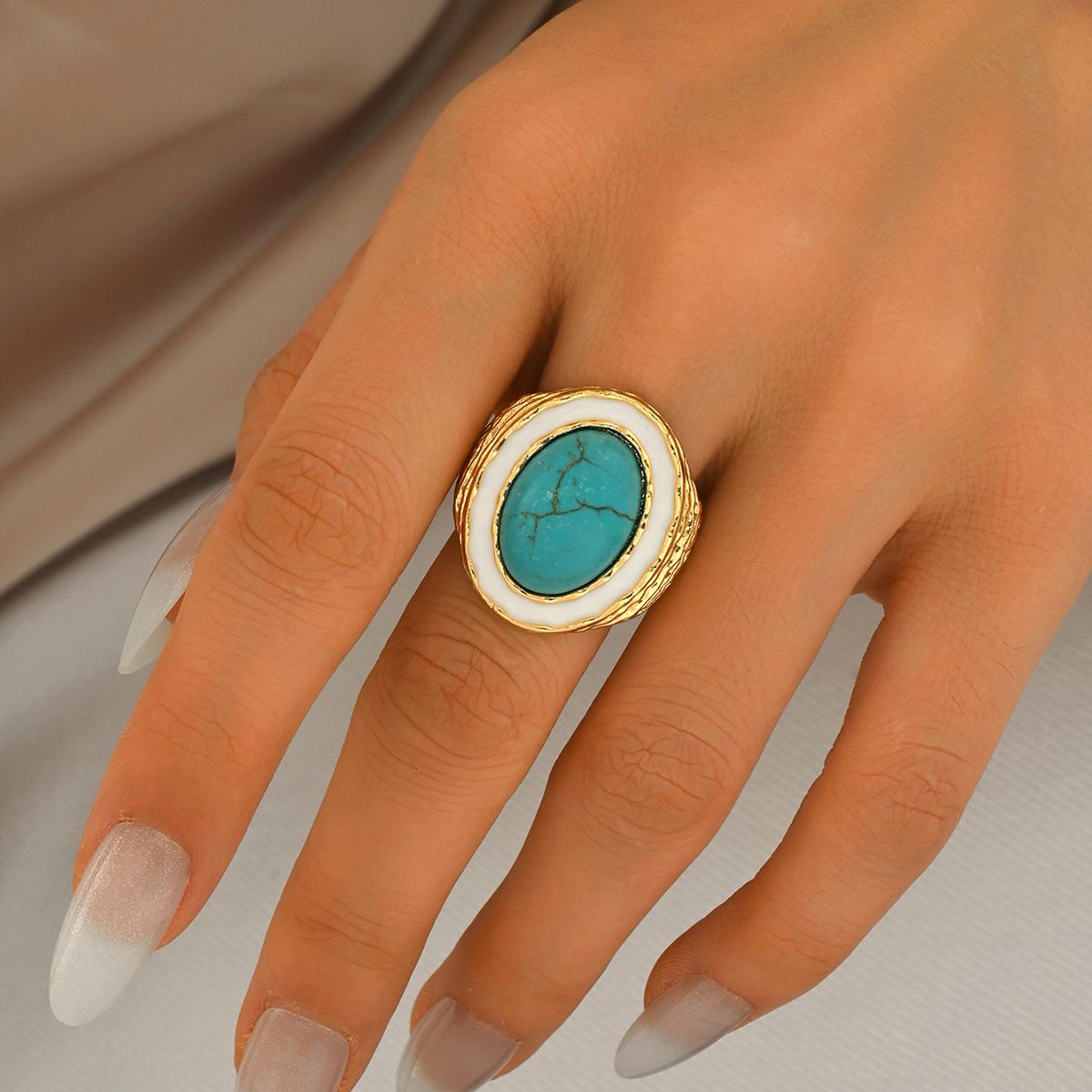 

Elegant Oval Turquoise Ring Gold Color Bule Stone Finger Ring Bohemian Boho Style Party Jewelry For Women