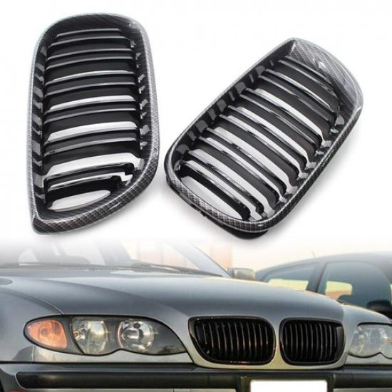 Carbon Fiber & Black Chrome Front Kidney Grill For BMW E46 Sedan 2002-2005