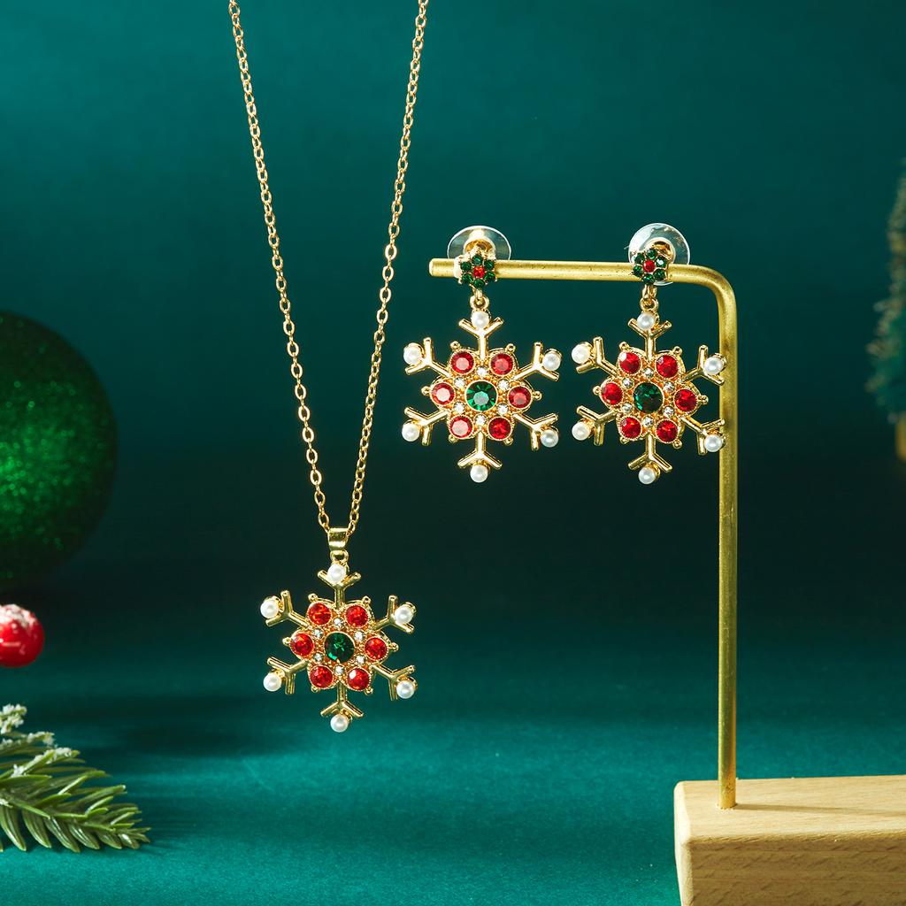 Christmas Imitation Pearl Colorful Rhinestone Snowflake Earrings Necklace for Women Exquisite Flower Jewelry Set New Year Gifts
