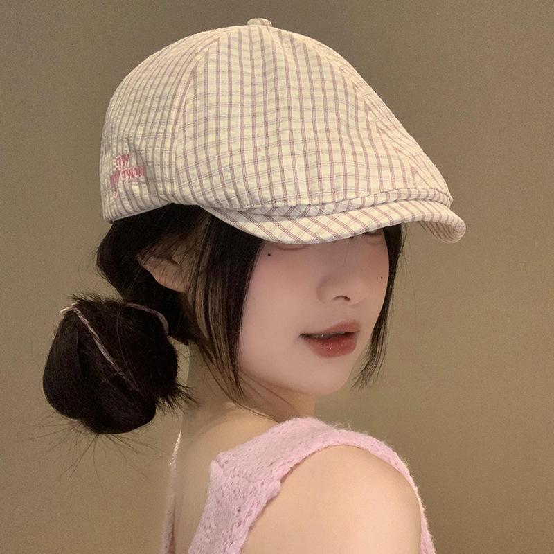 Vintage Pink Plaid Beret Women's Spring Back Wearing Newsboy Hat Big Head Circumference Versatile Peaked Cap