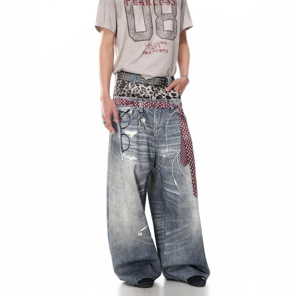 Leopard print double pants jeans new high waist loose versatile pendant wide leg pants
