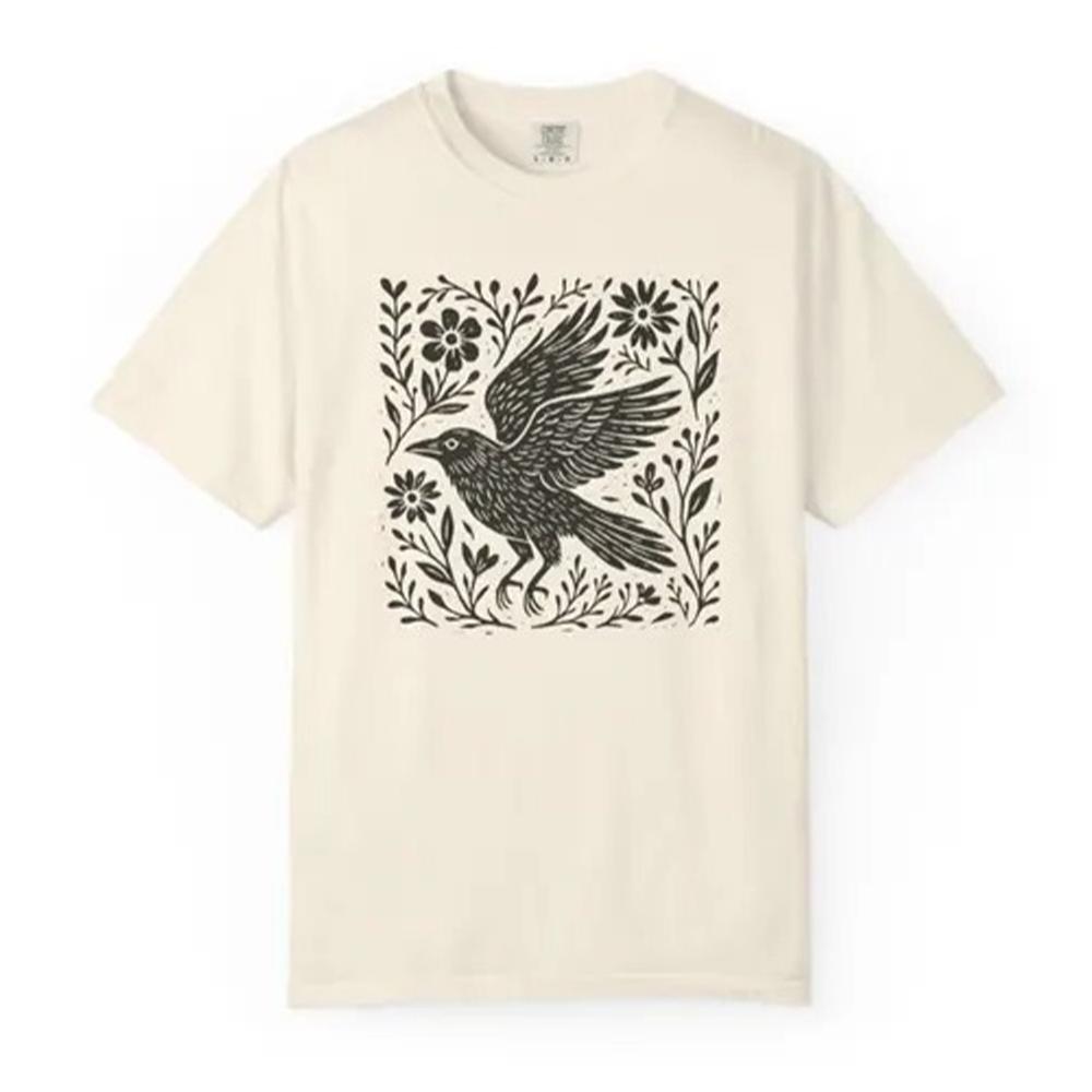 Retro Folklore Waldkrähe Linolschnitt Hemd Volkskunst Linolschnitt Krähe T-Shirt Kurzarm Baumwolle Unisex Y2K Lässiges Oberteil Streetwear