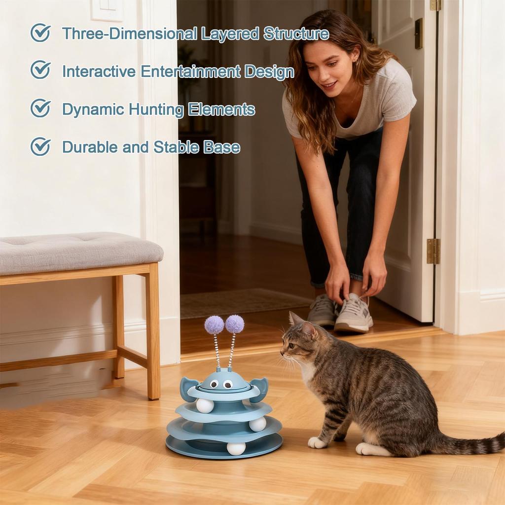 Katzen Interaktives Spielzeug 3-stöckiger Drehturm mit Bällen Selbstspiel Katzenspielzeug Indoor-Spiele zur Bereicherung und Stimulation von Kätzchen