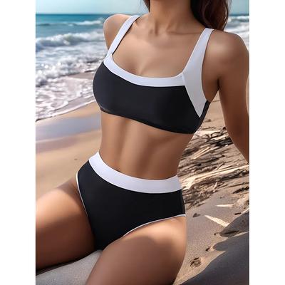 Two Piece Sets Women High Waisted Bikinis Sexy Push Up Swimsuits Retro Ruched High Waist Color Patchwork Bathing Suit