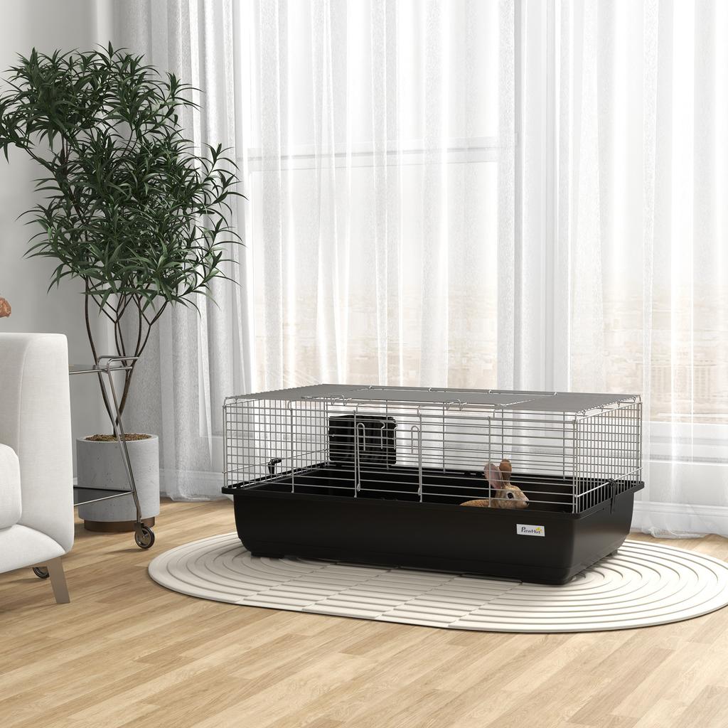 Rabbit Cage with 2 Doors and Removable Tray, in Metal and PP Plastic, 100x55x41 cm, Black and Silver